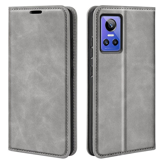 PU Leather Skin-touch Feeling Phone Case for Realme GT Neo3, Magnetic Auto-absorbed Wallet Stand Shell - Grey