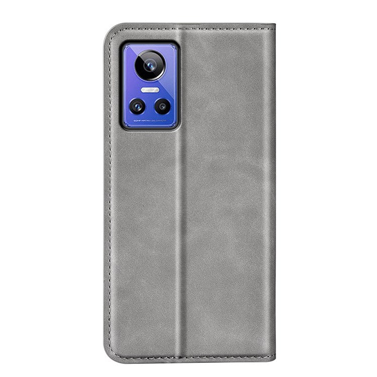 PU Leather Skin-touch Feeling Phone Case for Realme GT Neo3, Magnetic Auto-absorbed Wallet Stand Shell - Grey