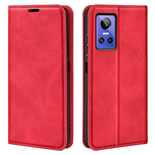 PU Leather Skin-touch Feeling Phone Case for Realme GT Neo3, Magnetic Auto-absorbed Wallet Stand Shell - Red