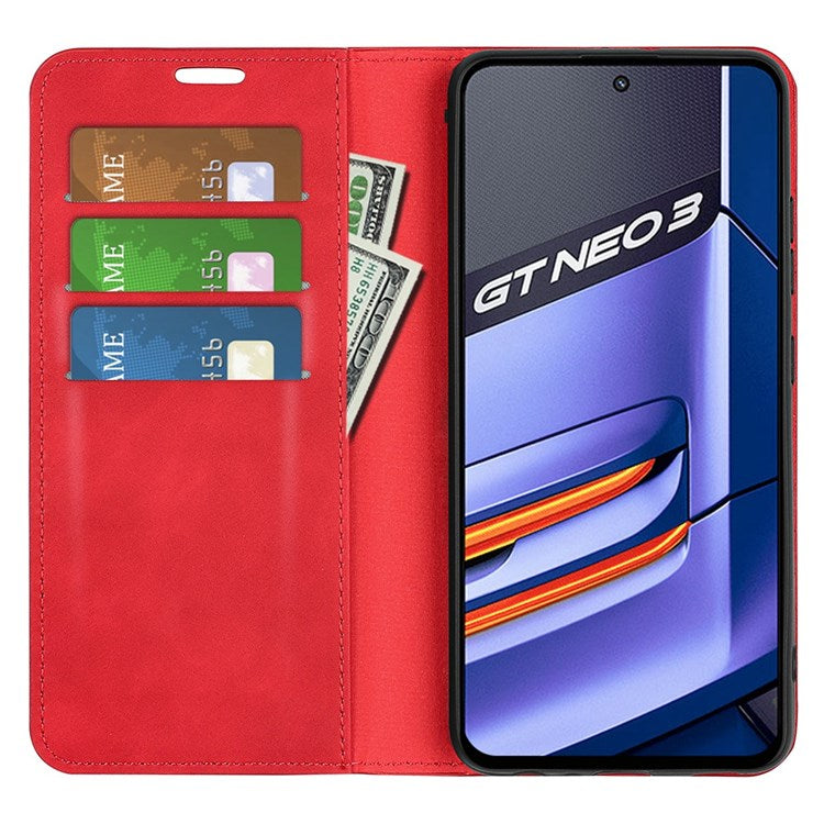 PU Leather Skin-touch Feeling Phone Case for Realme GT Neo3, Magnetic Auto-absorbed Wallet Stand Shell - Red