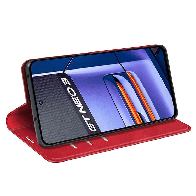 PU Leather Skin-touch Feeling Phone Case for Realme GT Neo3, Magnetic Auto-absorbed Wallet Stand Shell - Red