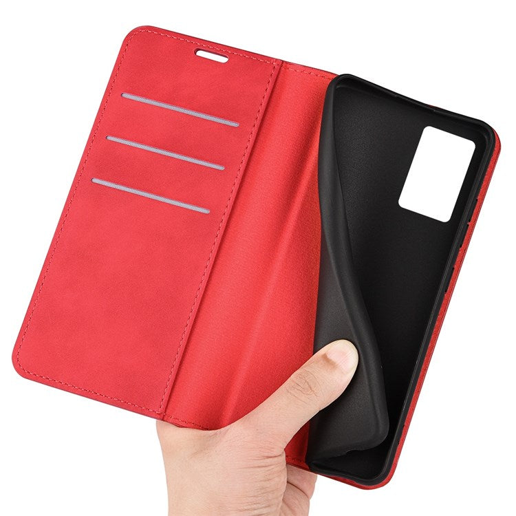 PU Leather Skin-touch Feeling Phone Case for Realme GT Neo3, Magnetic Auto-absorbed Wallet Stand Shell - Red