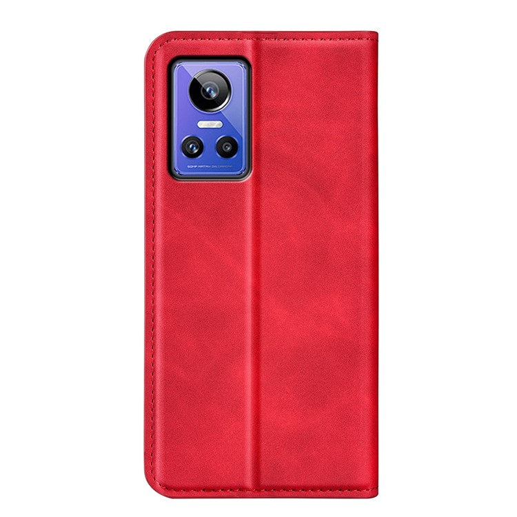 PU Leather Skin-touch Feeling Phone Case for Realme GT Neo3, Magnetic Auto-absorbed Wallet Stand Shell - Red