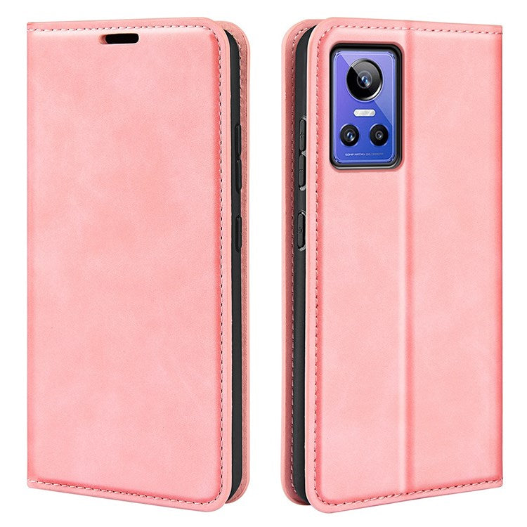 PU Leather Skin-touch Feeling Phone Case for Realme GT Neo3, Magnetic Auto-absorbed Wallet Stand Shell - Pink