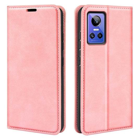 PU Leather Skin-touch Feeling Phone Case for Realme GT Neo3, Magnetic Auto-absorbed Wallet Stand Shell - Pink