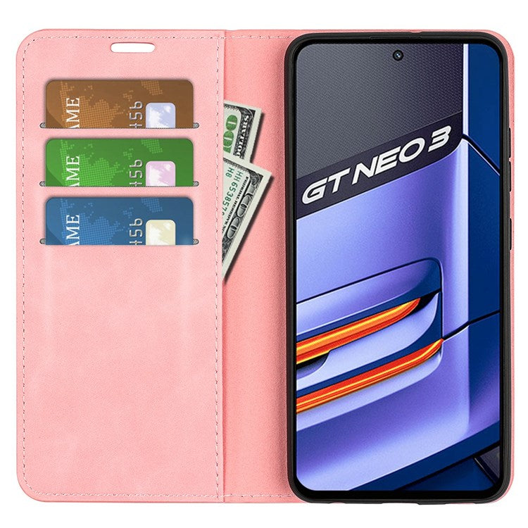 PU Leather Skin-touch Feeling Phone Case for Realme GT Neo3, Magnetic Auto-absorbed Wallet Stand Shell - Pink