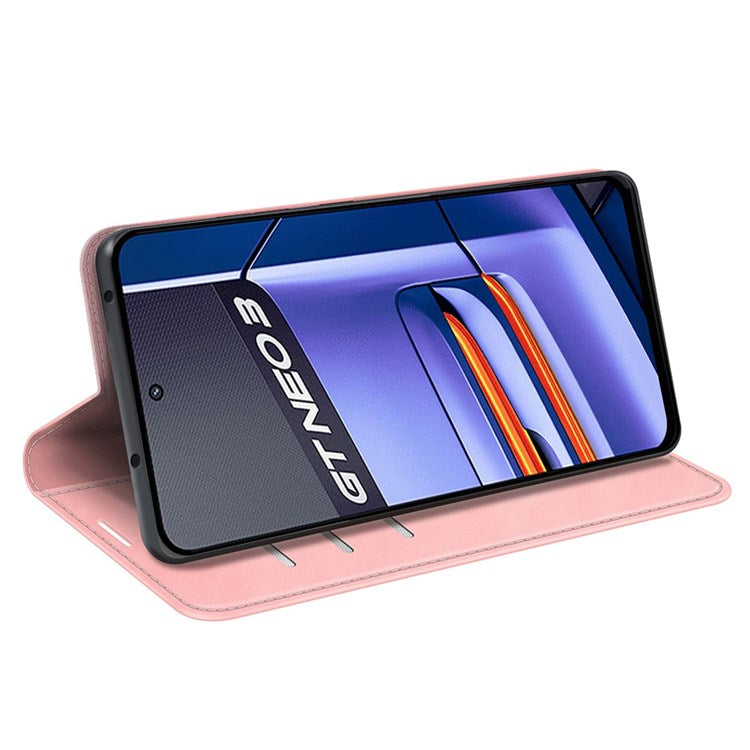 PU Leather Skin-touch Feeling Phone Case for Realme GT Neo3, Magnetic Auto-absorbed Wallet Stand Shell - Pink