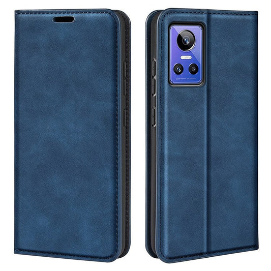PU Leather Skin-touch Feeling Phone Case for Realme GT Neo3, Magnetic Auto-absorbed Wallet Stand Shell - Blue