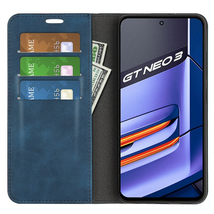 PU Leather Skin-touch Feeling Phone Case for Realme GT Neo3, Magnetic Auto-absorbed Wallet Stand Shell - Blue