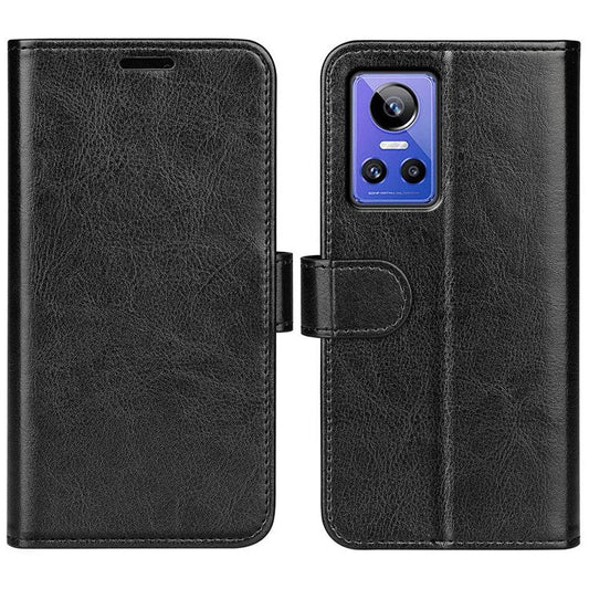 For Realme GT Neo3 Shockproof Crazy Horse Texture Case PU Leather Wallet Stand Protective Phone Cover - Black