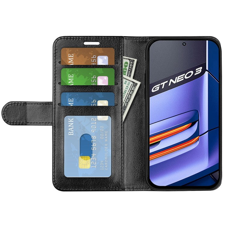 For Realme GT Neo3 Shockproof Crazy Horse Texture Case PU Leather Wallet Stand Protective Phone Cover - Black