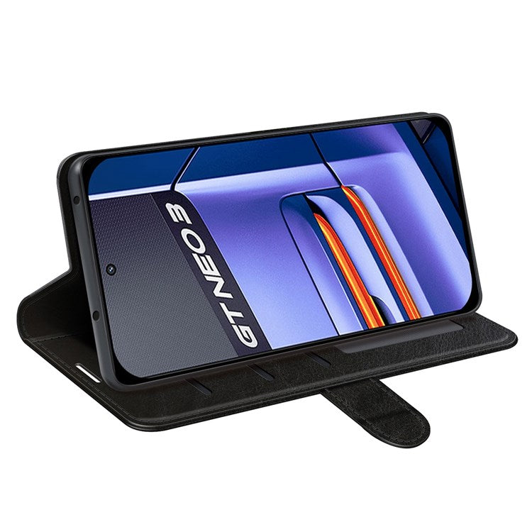 For Realme GT Neo3 Shockproof Crazy Horse Texture Case PU Leather Wallet Stand Protective Phone Cover - Black