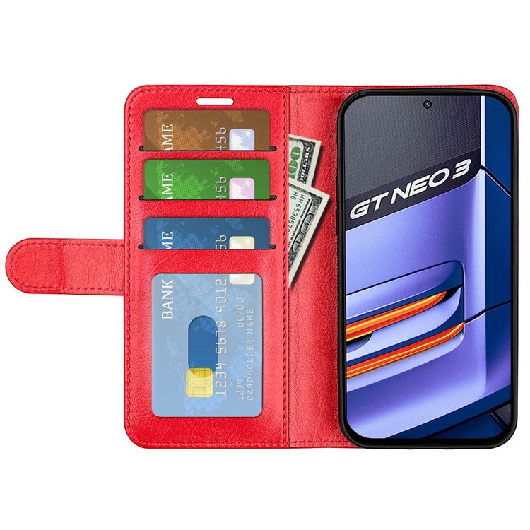 For Realme GT Neo3 Shockproof Crazy Horse Texture Case PU Leather Wallet Stand Protective Phone Cover - Red