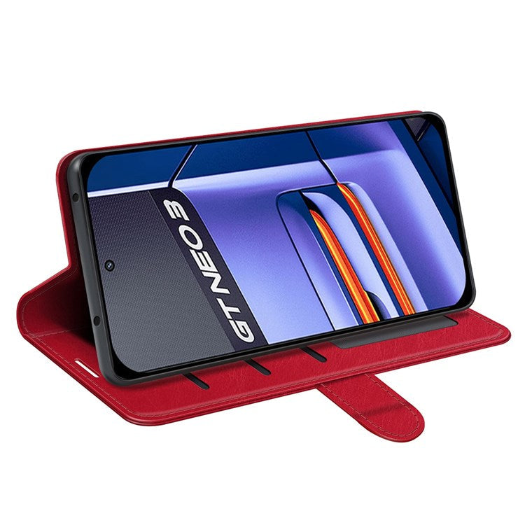 For Realme GT Neo3 Shockproof Crazy Horse Texture Case PU Leather Wallet Stand Protective Phone Cover - Red