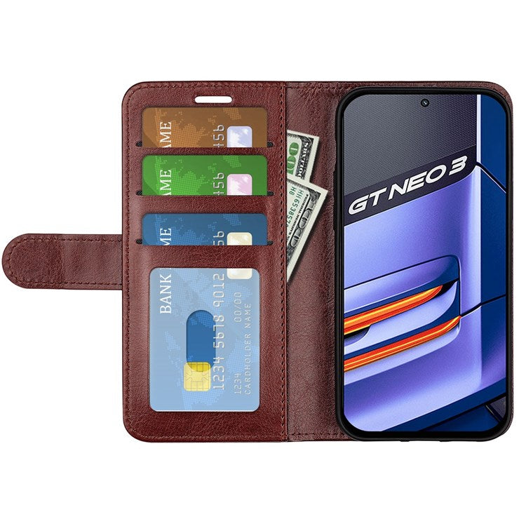 For Realme GT Neo3 Shockproof Crazy Horse Texture Case PU Leather Wallet Stand Protective Phone Cover - Brown