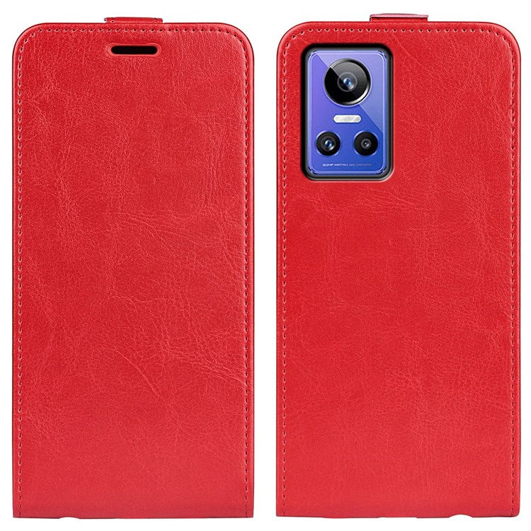 For Realme GT Neo3 Crazy Horse Texture PU Leather Cover Vertical Flip Card Holder Phone Case - Red