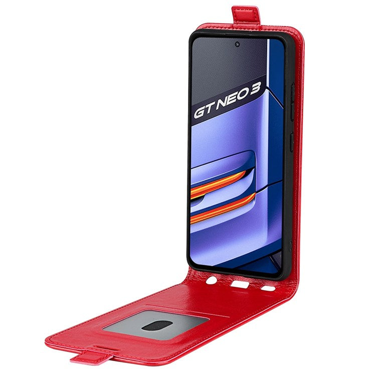 For Realme GT Neo3 Crazy Horse Texture PU Leather Cover Vertical Flip Card Holder Phone Case - Red