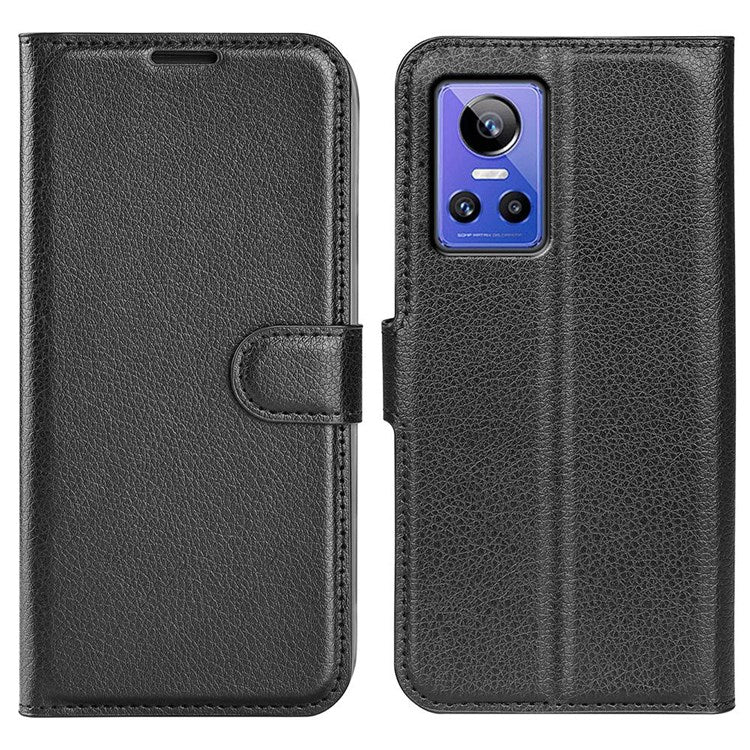 For Realme GT Neo3 Litchi Texture Shockproof Phone Case TPU + PU Leather Stand Wallet Cover - Black