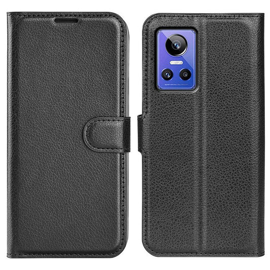 For Realme GT Neo3 Litchi Texture Shockproof Phone Case TPU + PU Leather Stand Wallet Cover - Black