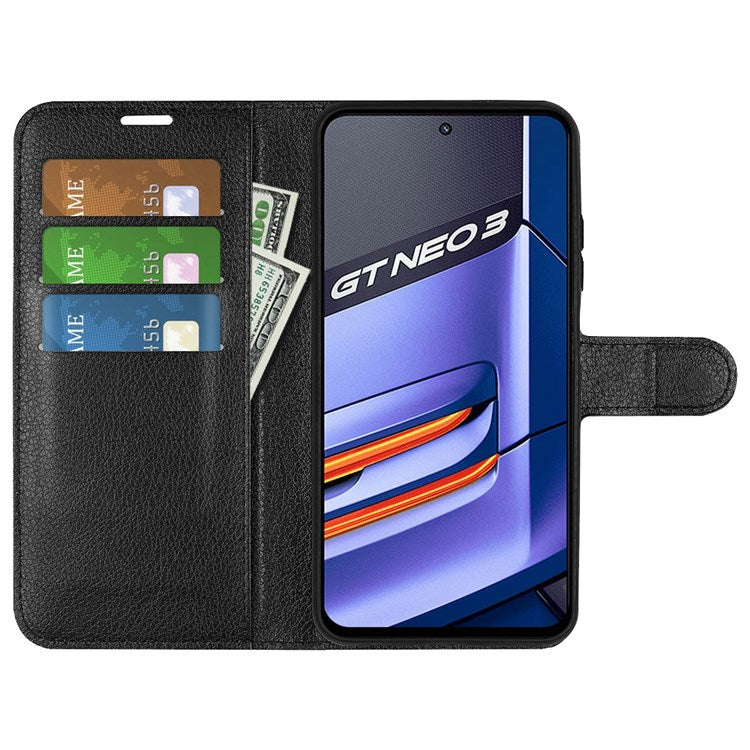 For Realme GT Neo3 Litchi Texture Shockproof Phone Case TPU + PU Leather Stand Wallet Cover - Black