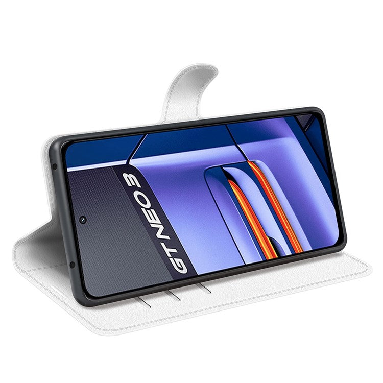 For Realme GT Neo3 Litchi Texture Shockproof Phone Case TPU + PU Leather Stand Wallet Cover - White