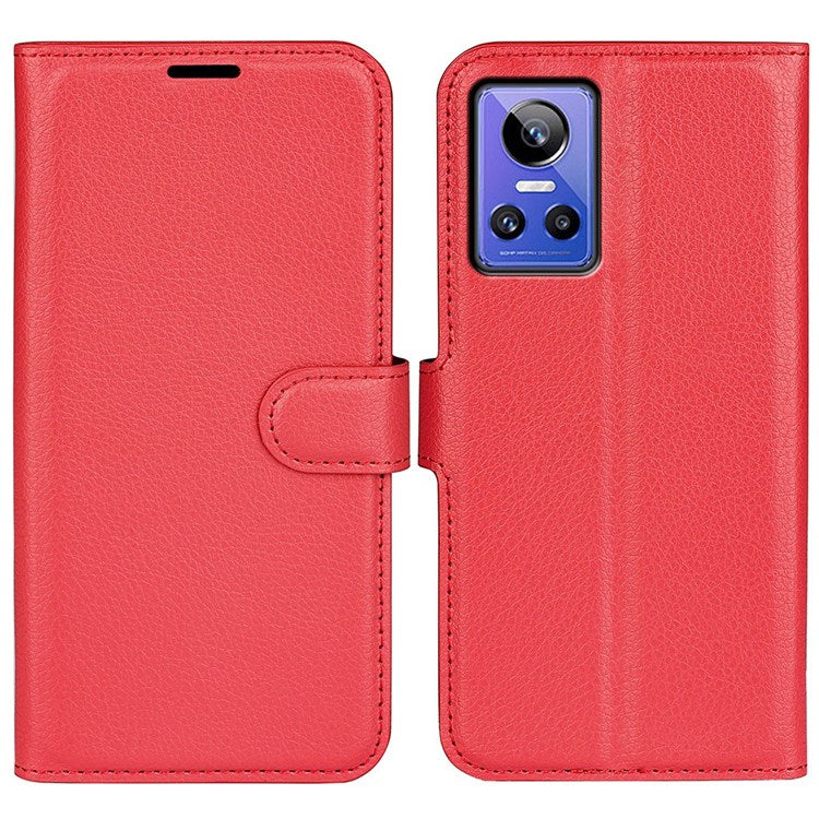 For Realme GT Neo3 Litchi Texture Shockproof Phone Case TPU + PU Leather Stand Wallet Cover - Red