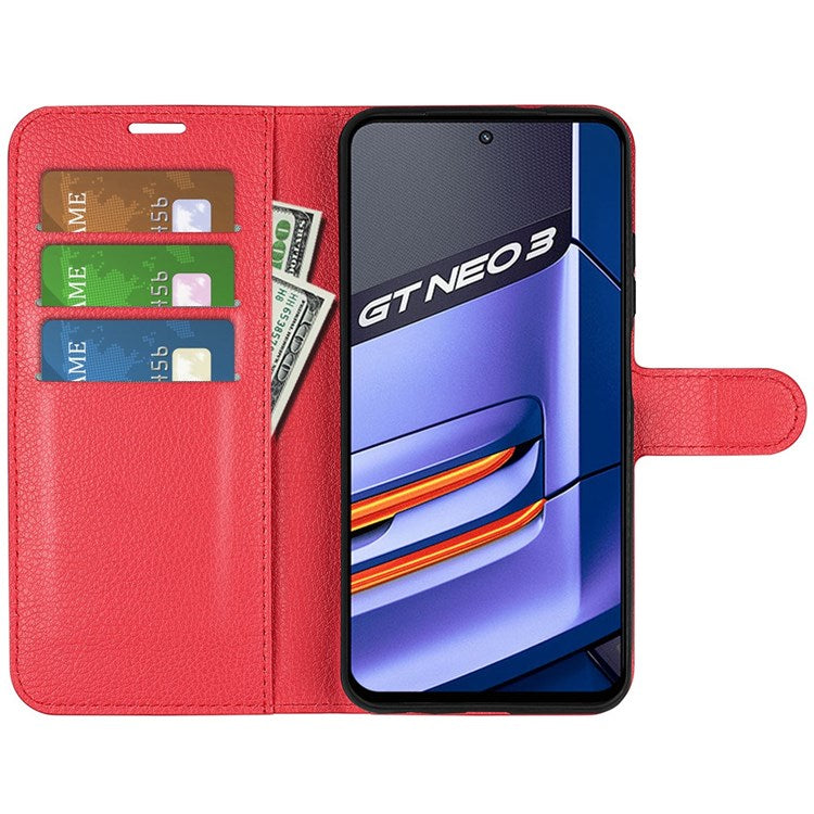 For Realme GT Neo3 Litchi Texture Shockproof Phone Case TPU + PU Leather Stand Wallet Cover - Red