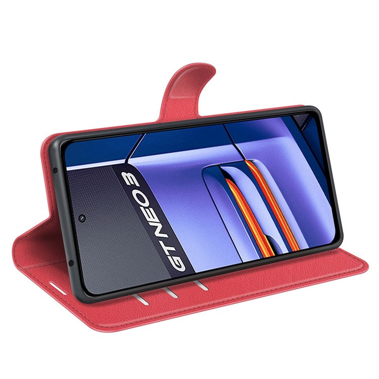 For Realme GT Neo3 Litchi Texture Shockproof Phone Case TPU + PU Leather Stand Wallet Cover - Red