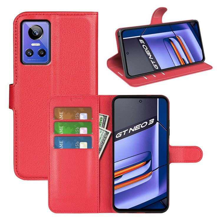 For Realme GT Neo3 Litchi Texture Shockproof Phone Case TPU + PU Leather Stand Wallet Cover - Red