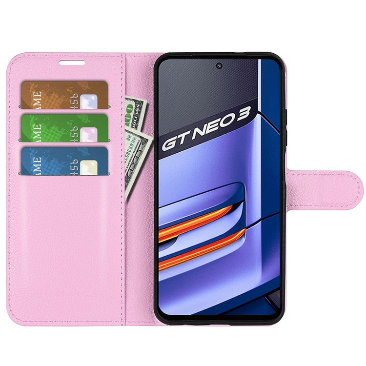 For Realme GT Neo3 Litchi Texture Shockproof Phone Case TPU + PU Leather Stand Wallet Cover - Pink