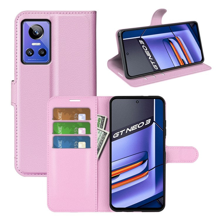 For Realme GT Neo3 Litchi Texture Shockproof Phone Case TPU + PU Leather Stand Wallet Cover - Pink