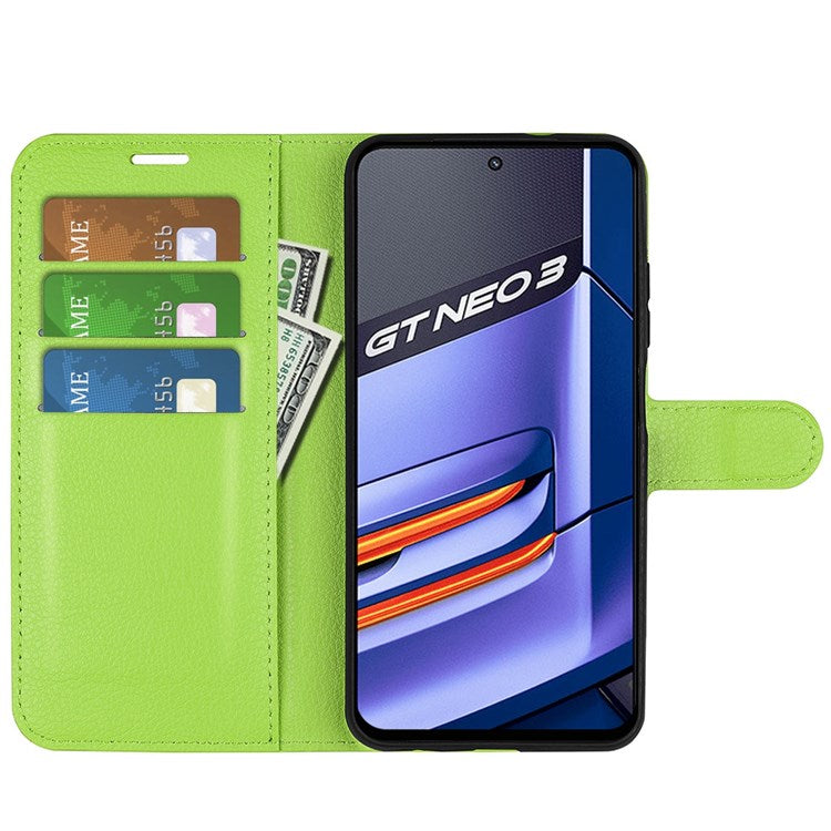 For Realme GT Neo3 Litchi Texture Shockproof Phone Case TPU + PU Leather Stand Wallet Cover - Green