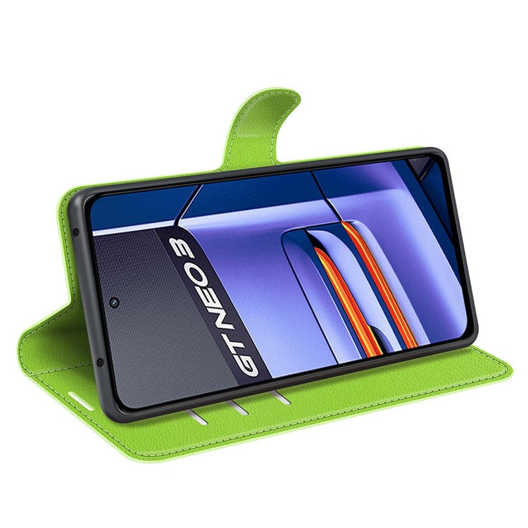 For Realme GT Neo3 Litchi Texture Shockproof Phone Case TPU + PU Leather Stand Wallet Cover - Green