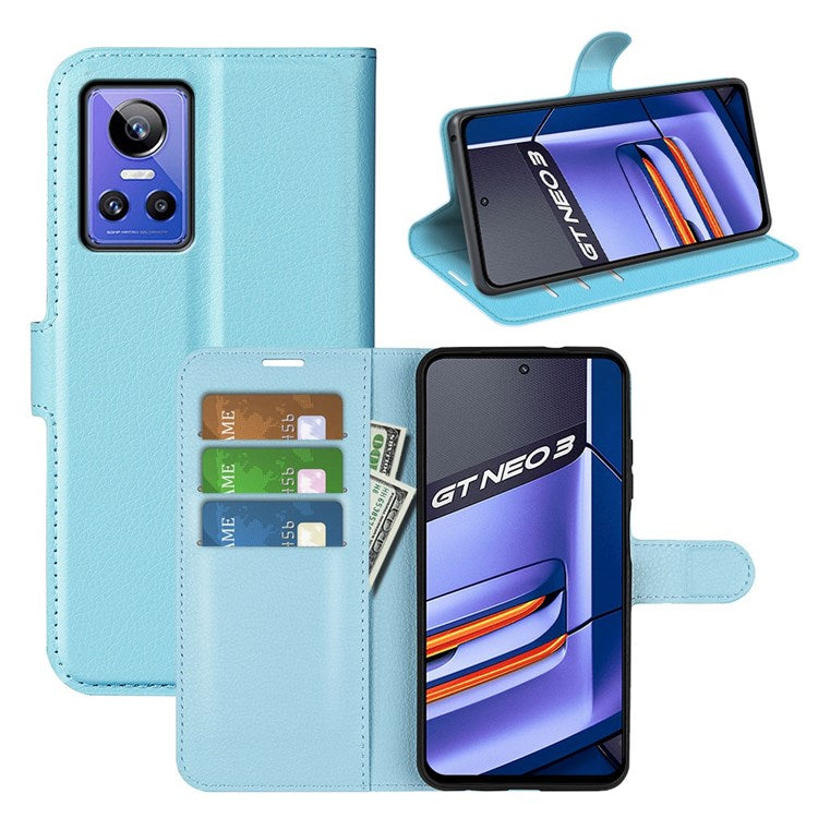 For Realme GT Neo3 Litchi Texture Shockproof Phone Case TPU + PU Leather Stand Wallet Cover - Blue