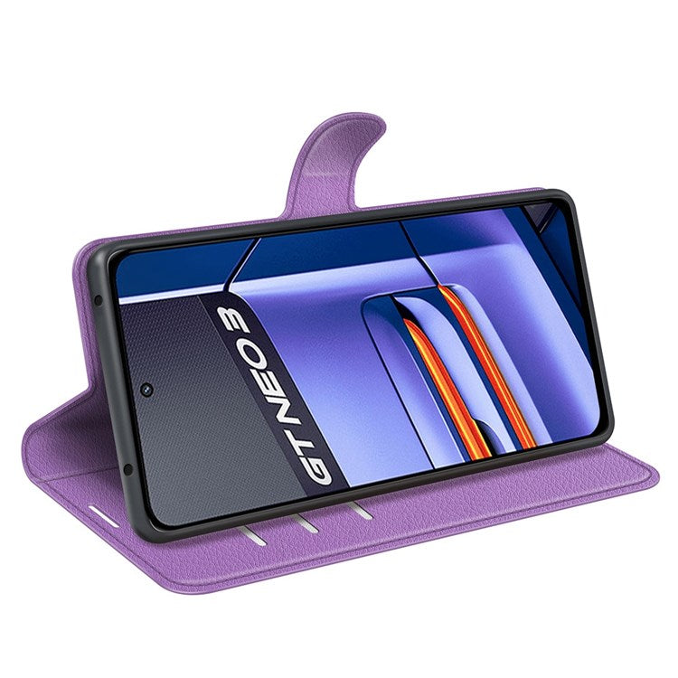 For Realme GT Neo3 Litchi Texture Shockproof Phone Case TPU + PU Leather Stand Wallet Cover - Purple