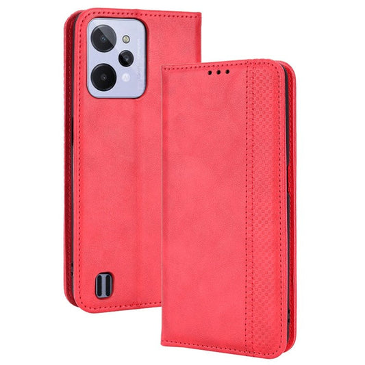 For Realme C31 Mosaic Imprinted Retro Texture PU Leather Phone Case Magnet Auto Closure Wallet Stand Cover - Red