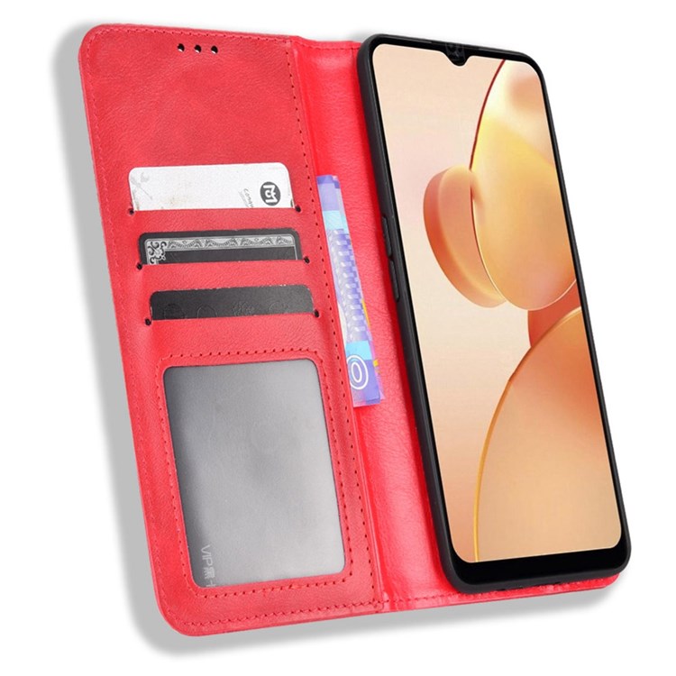 For Realme C31 Mosaic Imprinted Retro Texture PU Leather Phone Case Magnet Auto Closure Wallet Stand Cover - Red