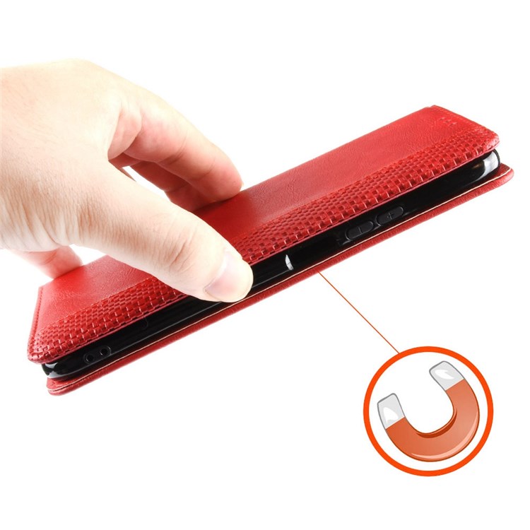 For Realme C31 Mosaic Imprinted Retro Texture PU Leather Phone Case Magnet Auto Closure Wallet Stand Cover - Red