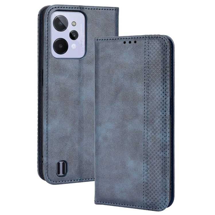 For Realme C31 Mosaic Imprinted Retro Texture PU Leather Phone Case Magnet Auto Closure Wallet Stand Cover - Blue