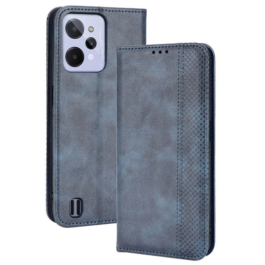 For Realme C31 Mosaic Imprinted Retro Texture PU Leather Phone Case Magnet Auto Closure Wallet Stand Cover - Blue