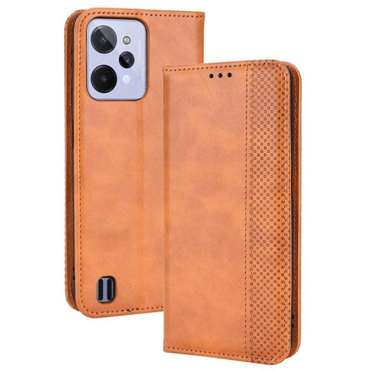 For Realme C31 Mosaic Imprinted Retro Texture PU Leather Phone Case Magnet Auto Closure Wallet Stand Cover - Brown