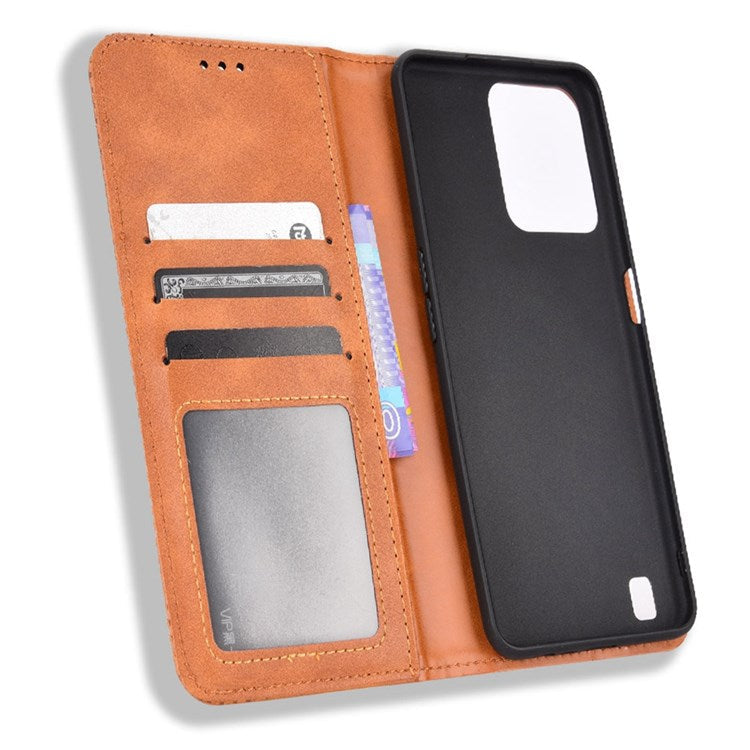 For Realme C31 Mosaic Imprinted Retro Texture PU Leather Phone Case Magnet Auto Closure Wallet Stand Cover - Brown