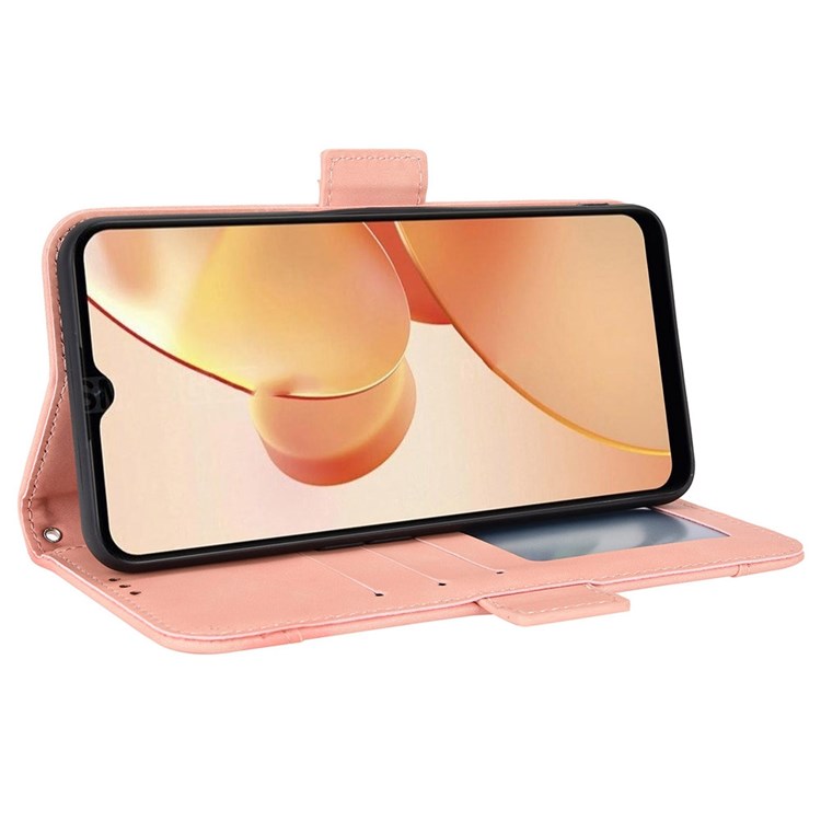 For Realme C31 Multiple Card Slots PU Leather Stand Case Shockproof Folio Flip Wallet Protective Cover - Pink
