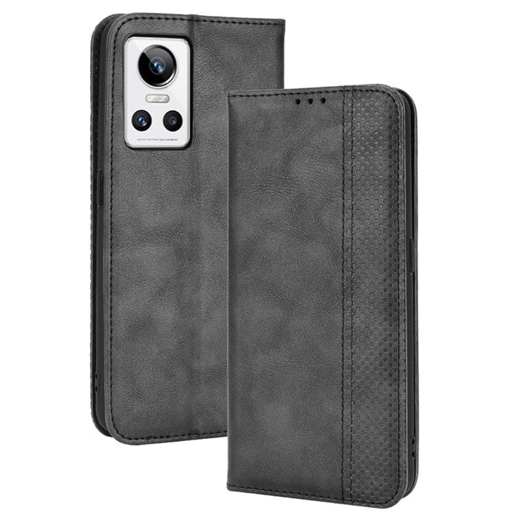 For Realme GT Neo3 Magnetic Auto-absorbed Retro Texture PU Leather Case Mosaic Imprinted Wallet Stand Shell - Black