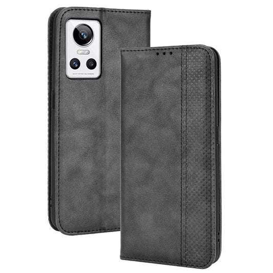 For Realme GT Neo3 Magnetic Auto-absorbed Retro Texture PU Leather Case Mosaic Imprinted Wallet Stand Shell - Black