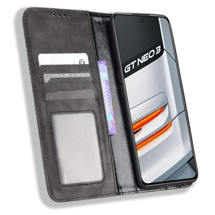 For Realme GT Neo3 Magnetic Auto-absorbed Retro Texture PU Leather Case Mosaic Imprinted Wallet Stand Shell - Black