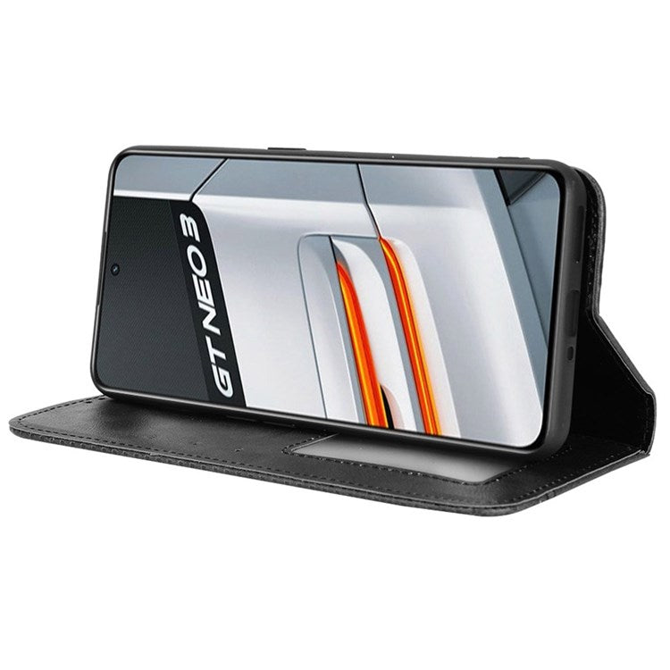 For Realme GT Neo3 Magnetic Auto-absorbed Retro Texture PU Leather Case Mosaic Imprinted Wallet Stand Shell - Black