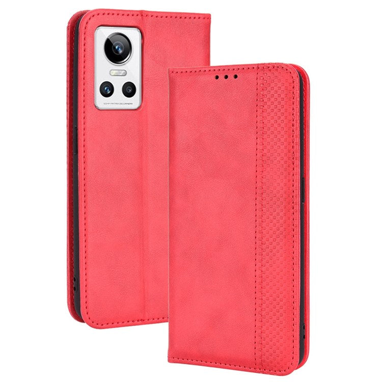For Realme GT Neo3 Magnetic Auto-absorbed Retro Texture PU Leather Case Mosaic Imprinted Wallet Stand Shell - Red