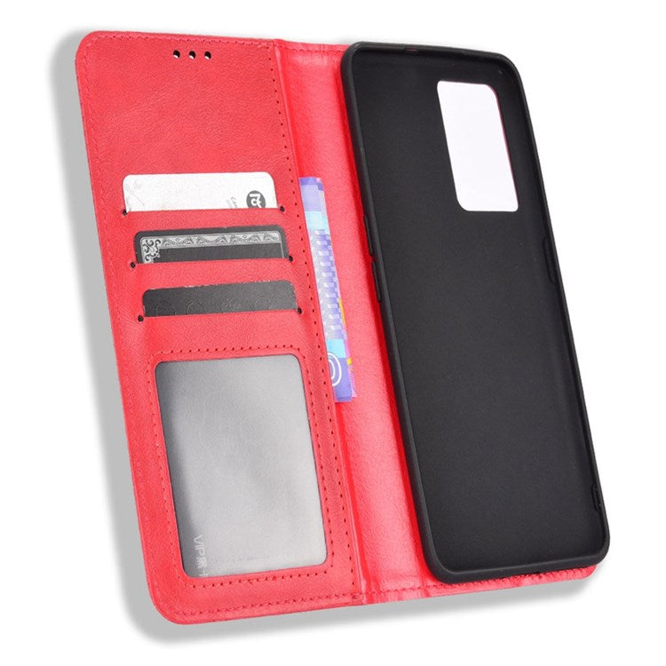 For Realme GT Neo3 Magnetic Auto-absorbed Retro Texture PU Leather Case Mosaic Imprinted Wallet Stand Shell - Red