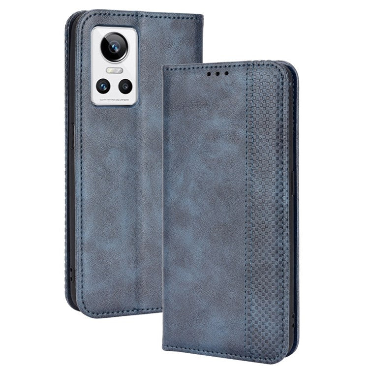 For Realme GT Neo3 Magnetic Auto-absorbed Retro Texture PU Leather Case Mosaic Imprinted Wallet Stand Shell - Blue